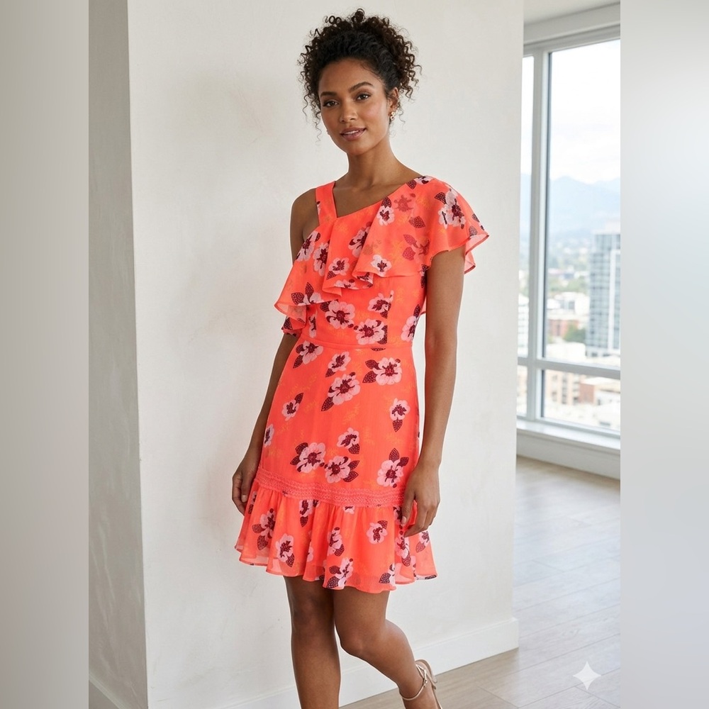 Express Coral‎ One-Shoulder Floral Ruffle Dress